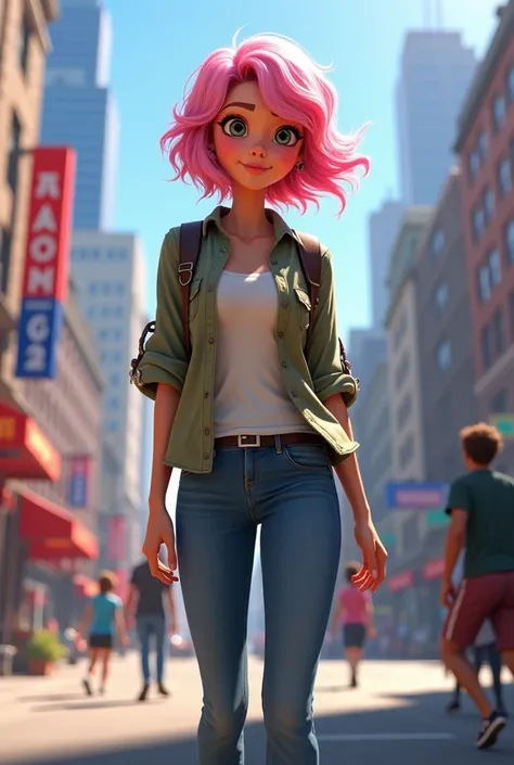 Alix Kubdel - Miraculous Ladybug with pink, short and wavy hair. Casual outfit in the city