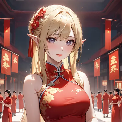 ((Best Quality)), ((masterpiece)), (detailed), （Perfect Face）、The woman is Seras Ashlain, a high elf with medium-long blonde hair, wearing a gorgeous Communist Party of China cheongsam, adorned with luxurious jewelry and an engagement ring.、A woman becomes...