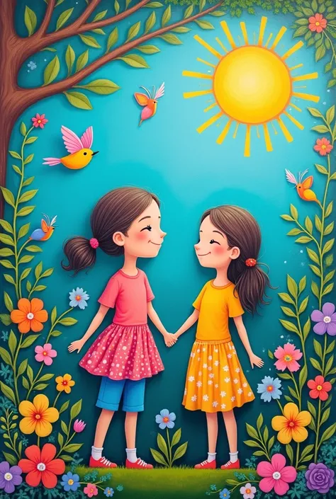 Mural with free chalk drawing concerning Friendship Day and Spring Title: "Blossoming Friendship"

image: 2 smiling girls (no girls) and surrounded by colorful flowers that symbolize spring.

Elements:

- Colorful flowers in the background - smiles • Butte...