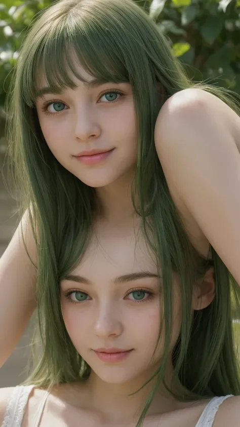 a girl. european. sad. extremely detailed face. oval face. delicate features. half-closed eyes. green eyes. long, straight, very thick hair. bangs. green hair. rosy cheeks. tank top. gentle smile. 2/4 portrait