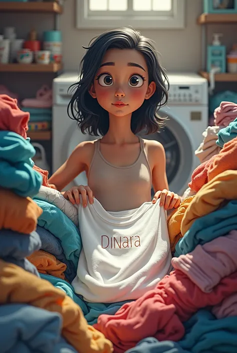 A girl is doing laundry . She has 100 clothes . Write Dinara in her shirt