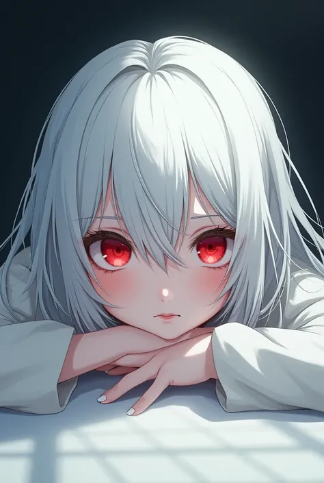 Be a girl with a pink complexion, beautiful eyes (red eyes) and deep as the night sky, half sad face lying on the table, white hair, looking at you, with an anime/semi-realistic style of art  