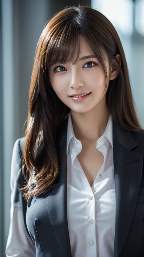 table top, Highest quality, realistic, super detailed, finely, high resolution, 8k wallpaper, 1 beautiful woman,, messy light brown hair, wearing a business suit, sharp focus, Perfect dynamic composition, beautiful and detailed eyes, thin hair, Detailed re...