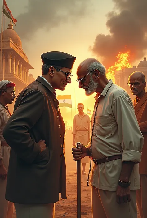 Generate youtube video thumbnail on savarkar(typical cap ,coat and specs young look aggressive expressions) vs Gandhi(which simple cloth with stick to walk old sad expressions )fighting and background ( temple ,muslim, riot ,hindutva,congress,modi, RSS,Bha...