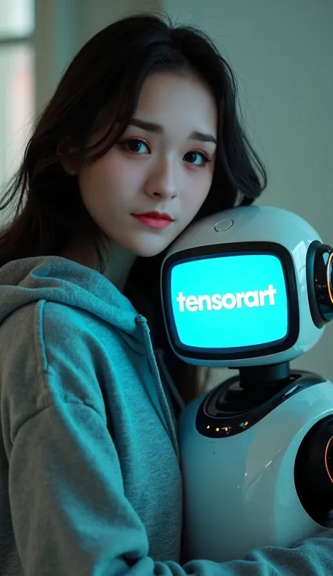 Close-up, eye-level angle, half-body shot of a stunning Malay woman with long, layered hair, wearing a cozy grey hoodie. She embraces a unique, futuristic AI robot with a TV-shaped head in sleek black and white. The robots cyan screen prominently displays ...