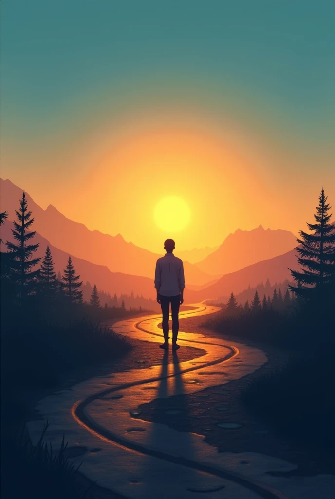 Visual Concept: A path that forks, symbolizing decisions and directions in life. The image represents the personal journey, with a human silhouette at the crossroads, looking towards the horizon.

COLORS: warm tones (oranges, yellow) for the sunset, symbol...