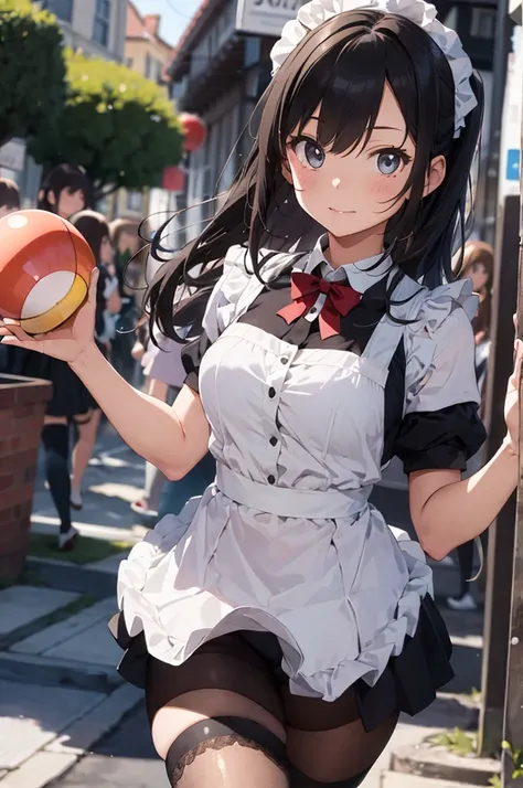 A girl is wearing a maid outfit and doing club juggling