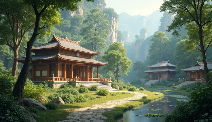 A serene and peaceful Buddhist ashram surrounded by nature, with morning sunlight filtering through trees. hyper realistic style images