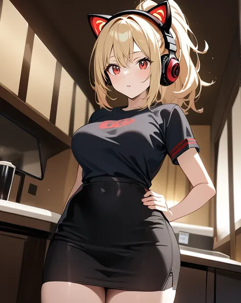 One girl, solo,Handgun,Hotel,High resolution, masterpiece, Anatomically correct, Blonde, ponytail, Red cat ear headphones, Red eyes, Short sleeve,Tight skirt, Look at, 