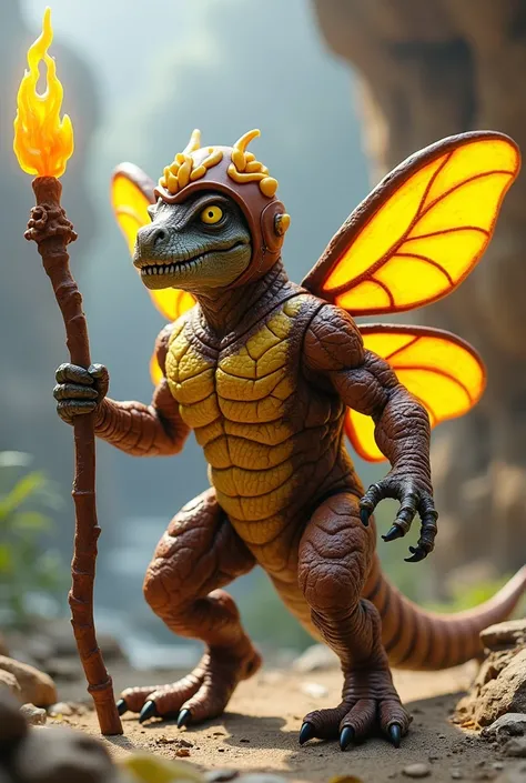 Buzz-Off from Masters of the Universe dressed as a pterodactyl. 

Brown and yellow stripes. Dinosaur skin. Dinosaur head with a Bee face.  Brown dinosaur hands and feet. Transparent yellow wings.

Brown helmet adorned with yellow accents.  Holding a brown ...