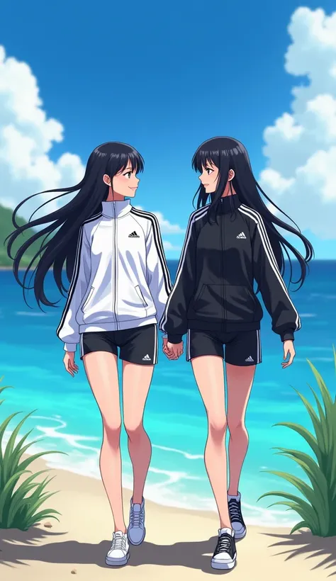 Two young womens, long black hairs, bodies same height, yuri, lesbian.

The first young women wear a White Adidas Shirt Adicolor Classics Black 3-Stripes, White Pencil Skirt Black 3-Stripes, white cap, black undershirt, black underpants, black socks, white...