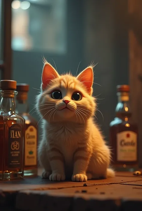 Kucing gemoy sedang mabok,beserta botol minuman3d,4k,cinematic,