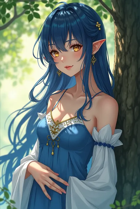 (2-d)(anime)25 yo beautiful anime  elf girl with dark blue hair and golden eyes in blue-white dress with golden earrings and standing beside a tree