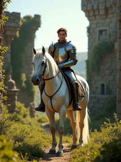 A young brown-haired man on a white horse, in knightly attire on the ruins of an old castle overgrown with shrubbery. Bright day, cinematic environment, sharp focus, contour clarity, dynamic lighting, ultra high resolution