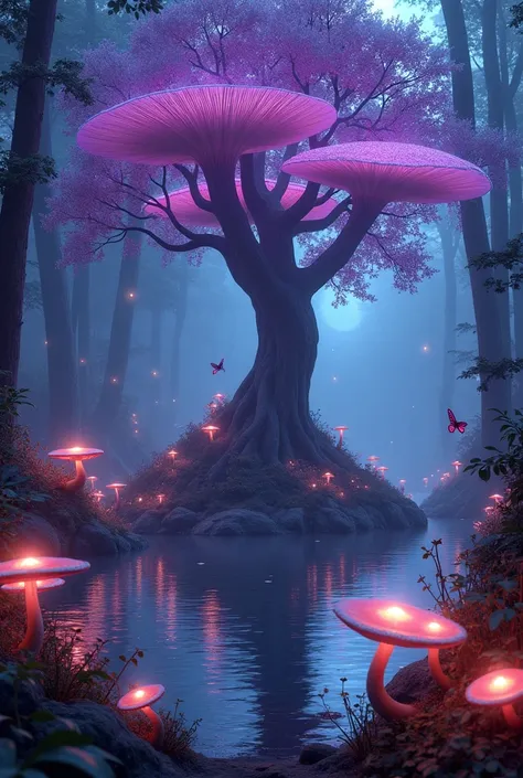 Giant purple flower emitting light, giant glowing magic mushrooms, bushes with giant leaves, night atmosphere with moonlight, magic lights, luminous butterflies, Illumination with bright moonlight, It is in a forest next to a lake, rock in the middle of th...