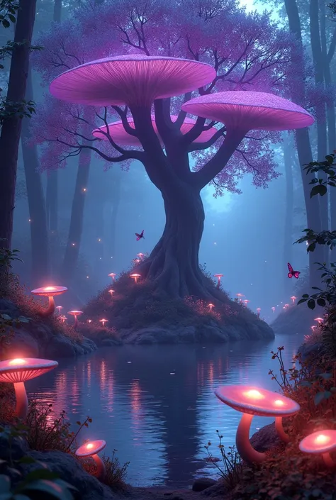 Giant purple flower emitting light, giant glowing magic mushrooms, bushes with giant leaves, night atmosphere with moonlight, magic lights, luminous butterflies, Illumination with bright moonlight, It is in a forest next to a lake, rock in the middle of th...