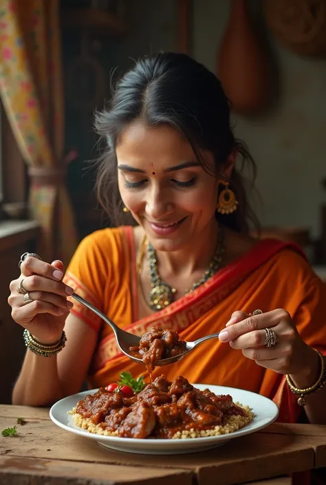 Indian woman eat testy Mutton curry on plate with gravy face in the kitchen 