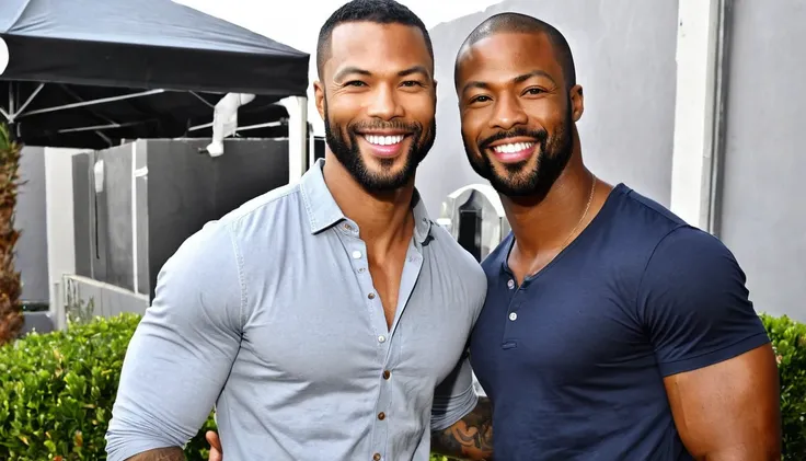 Tera Patrick and a handsome African American male whose facial features are a combo of Omari Hardwick + Isaiah Mustafa + Broderick Hunter pose together for a photo. Both are smiling. Both are attired attractively but casually for a date. Tera has lovely ma...