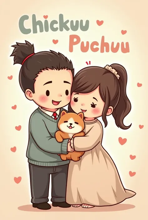 Generate cute husband and wife image with names printed on the image as Chickuu and Puchuu and husband should have small man pony hairstyle holding cute cat