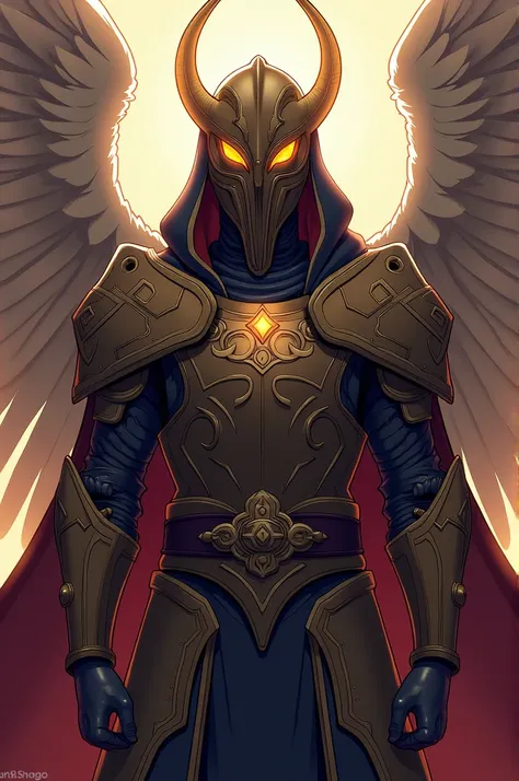 Angel Varon, with Templar armor, plague doctors mask, golden eyes, In anime style