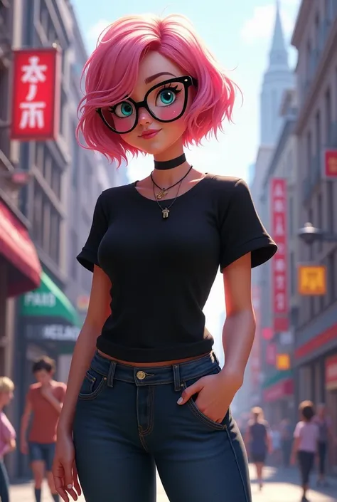 Alix Kubdel - Miraculous Ladybug with pink, short and wavy hair. Casual black outfit in the city with galsses