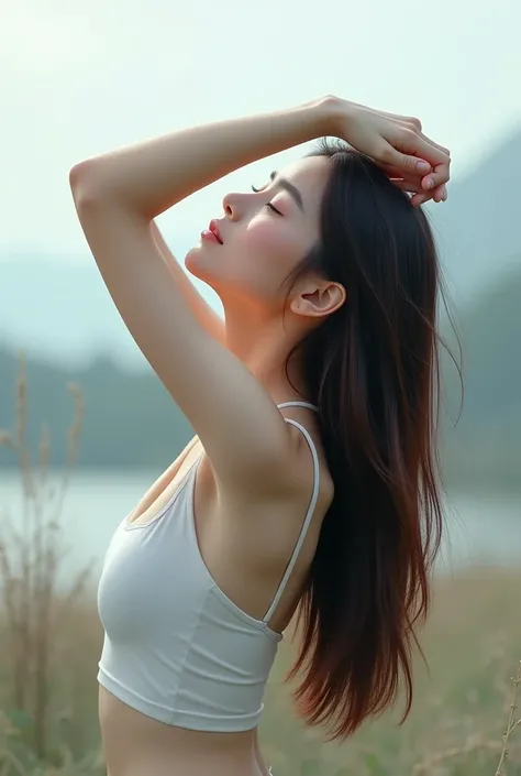 (photorealism:1.2), Japanese very healthy woman, she is facing the other way, stretch your right arm to the viewer, she raises one arm above her head and looks up at the sky, full body shot, age 30, she is not skinny, monotone background, some distance fro...