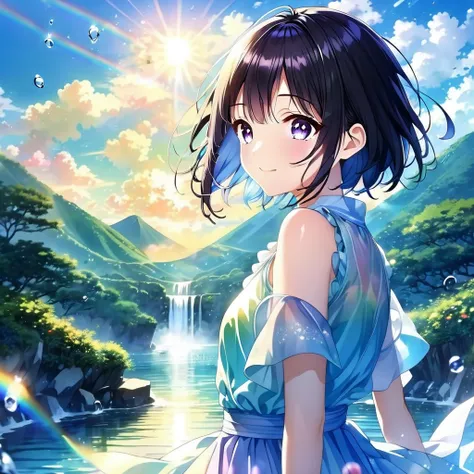 anime、beautiful girl、10 Talents、Black Hair、like々A face that maintains its natural beauty、Short Hair、Her hair is cut short, Slightly shorter than shoulder length、Bright Eyes、Shining Eyes、Cheerful smile、Gazing into the distance、[profile、Dancing、Clothes：Brigh...