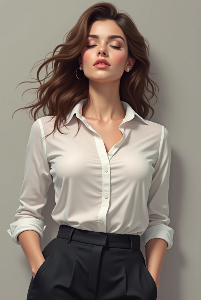 Realistic brown-haired girl very beautiful and with a lot of bust dressed in a white fitted long-sleeved stewardess shirt and black pants, very relaxed and arms hanging down, falling asleep standing up 