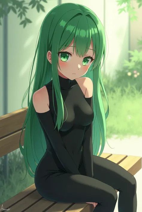 Beautiful human anime girl with green hair and green eyes sitting on bench in black outfit 