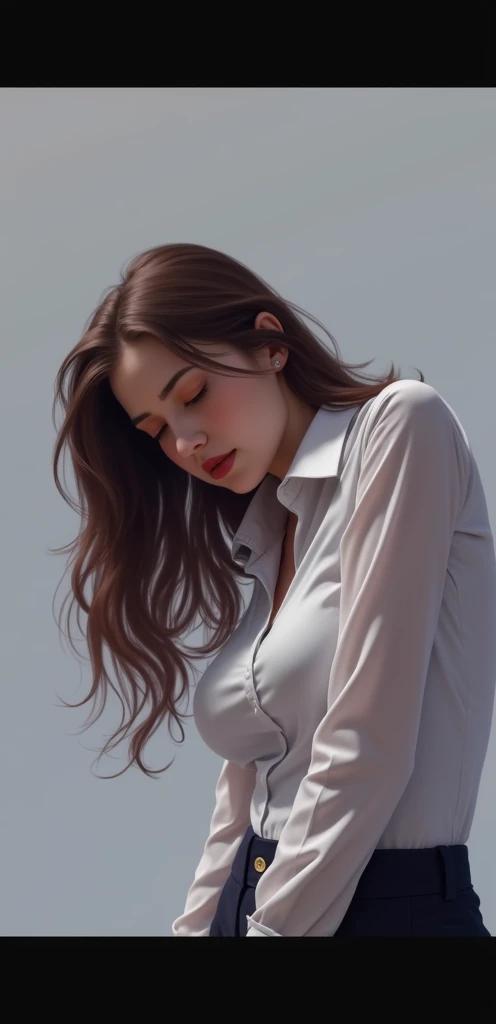 Realistic brown-haired girl very beautiful and with a lot of bust dressed in a white fitted long-sleeved stewardess shirt and black pants, very relaxed and arms hanging down, falling asleep standing up 