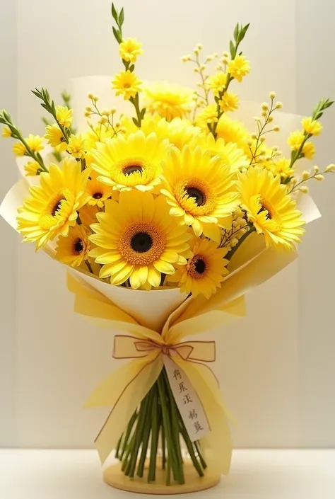 Create a Korean style bouquet of yellow flowers that is very pretty and has a note to put something in it