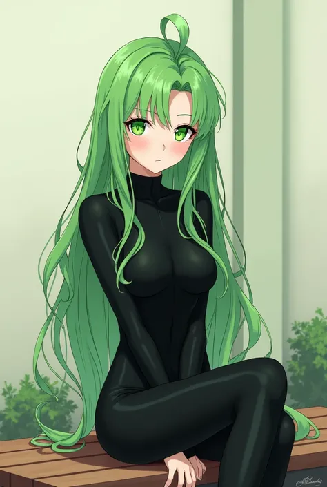 20 yo Beautiful human anime girl with green hair and green eyes sitting on bench in black outfit 