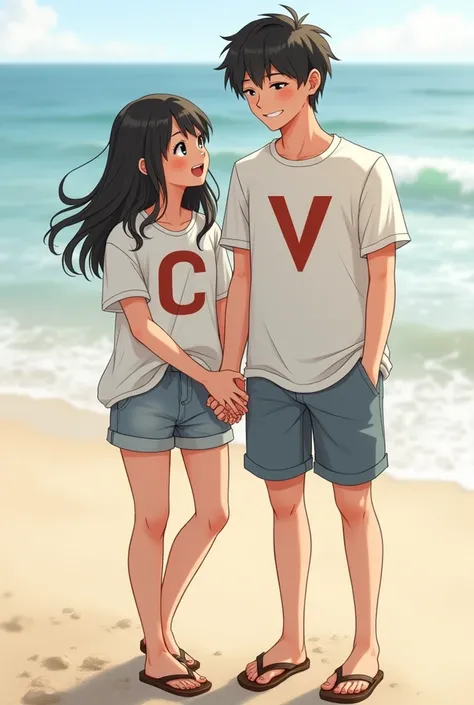 Profile photos to share as a couple, The girl with medium black hair, slightly wavy at the tips with the letter C on its shirt, boy with short black hair with the letter V on his t-shirt, slightly realistic drawing style, holding hands, without looking at ...