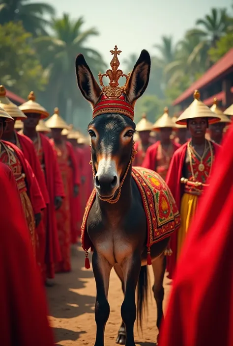 We need to make an Ai image that looks like a large group of people wearing red roofs in Sri Lanka have gathered and made a donkey with a red crown king.