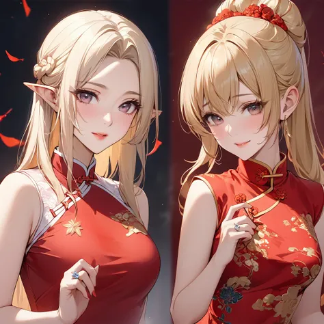 ((Best Quality)), ((masterpiece)), (detailed), （Perfect Face）、The woman is Seras Ashlain, a high elf with medium-long blonde hair, wearing a gorgeous Communist Party of China cheongsam, adorned with luxurious jewelry and an engagement ring.、A woman becomes...