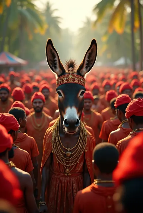 An Ai image should be made that looks like a large group of people wearing red roofs in Sri Lanka gathered together and raised a donkey with a red crown and made it king.