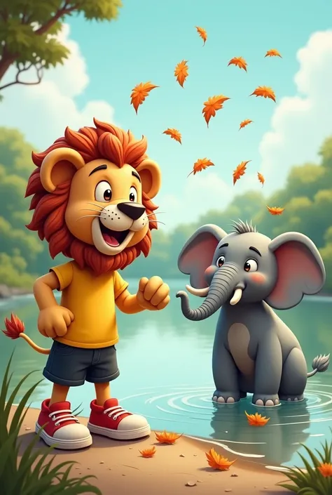 "The cartoon lion throws the dry leaves in the air toward the elephant, which reacts with surprise. The lion is laughing mischievously, wearing its yellow t-shirt, black shorts, and red sneakers. The elephant is flapping its ears in confusion by the riverb...