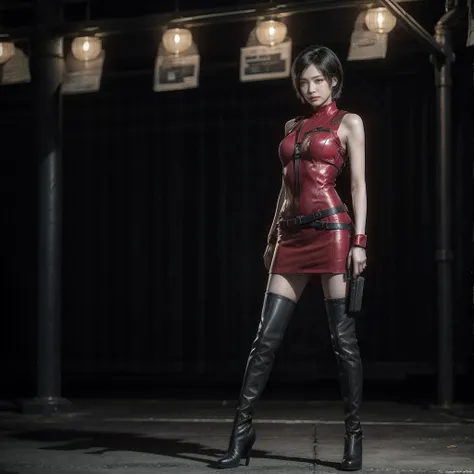 a korean woman cosplays exactly as ada wong, same red dress, black boots up to below the knee, short hair style ada wong, beautiful woman, black background, full body, in her hands is a fake gun, resident evil ada wong, harness on her chest and leg, ada wo...