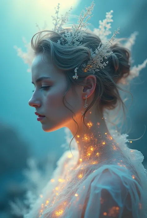 close-up portrait, transparent girl, ethereal, misty, iridescent, composed of mountain forest steppe, dreamy, vibrant, Sky rainbow background, gradient blue-sky, Detailed rainbow, soft focus, Double exposure, 1.3, Brandon Woelfel-inspired, Cinematic, Moody...