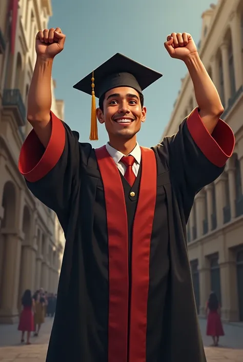 Young Andean man from Peru happy and smiling raising his hands, College student looking assertively that generates a lot of confidence. With her graduation outfit 