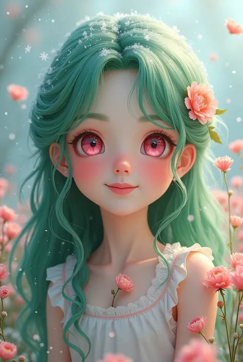 (Beautiful and cute girl)（Pink eyes) (Hundred smiles)     
 (High nose) (Wear white skin) (Long green hair)
(The flower field is behind.)(It&#39;s snowing)