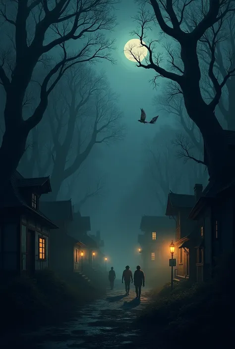 A village in a forest at a very scary night 