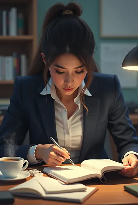 a person looking focused or using a planner, conveying productivity and motivation.
