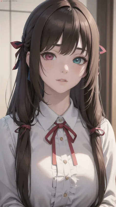 masterpiece,Best Quality,Very detailed,High resolution,4k Portraiture,8k Portraiture,Anime screenshots, Portraiture,One person, Alone, Kuo Shenlin, Heterochromia iridis, brown hair,Long Hair, Hair Ribbon, Yurigaoka Girls&#39; Academy uniform, White knee so...