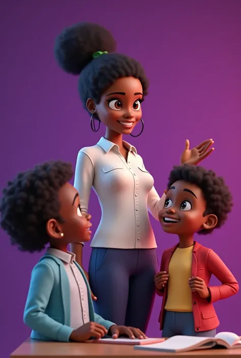 black female school teacher wearing white long Sleeve and 2 kids discussing about the students. Purple background. 3d cartoon style, portrait