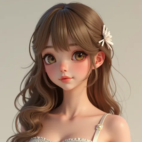 Masterpiece, Maximum resolution, 1girl, Long hair, Golden brown hair, Full bangs, Big Breasts, Blushing, With cheeks, shy, Off shoulder dress, Skirt dress, Flared skirt, Full character design, Hair Ribbon, 3D rendering, Digital art, Unreal Engine, 