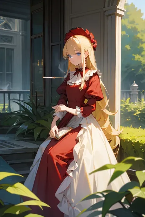 Long blonde（Fluffy）Women、Long Dress（With red frills）、Tea time in the large garden、masterpiece、Age２０Age、Blue Eyes、Stern facial features、Smoking a cigarette、Alone