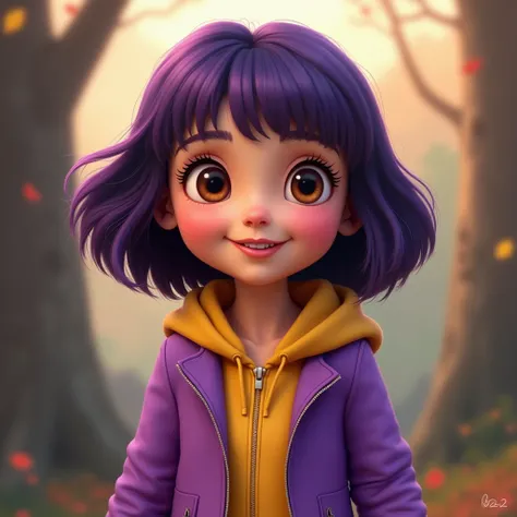 A portrait of Dora The Explorer in autumn clothes, unzipped purple jacket, no gloves, yellow hoodie underneath, purple hair, makeup, smile, perfect eyes, perfect face, 