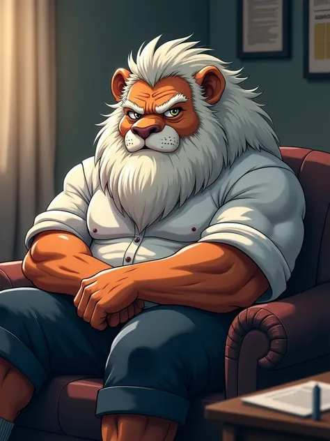 Full-body, highly detailed anthropomorphic lion-man with two lion ears and a lion tail. He is a mature, burly, and virile man, over 50 years old, with a tired and exhausted demeanor. His body is muscular with an bara build, covered in white fur and hirsute...