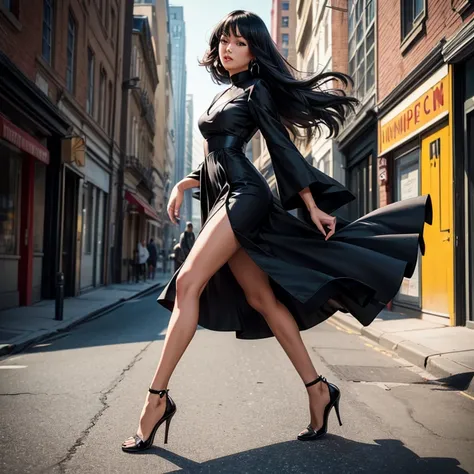 Black High heels, Black long dress, Street walking woman, Extreme close up of feet, Inspired by the Sonny Clark "Cool Struttin", A photo that record jacket design of Sonny Clark "Cool Struttin", (masterpiece), (best quality), (super detailed), 